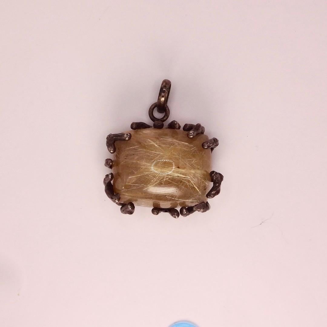 Vintage Rutilated Quartz Black Velvet Choker Pendant 925 Sterling Silver