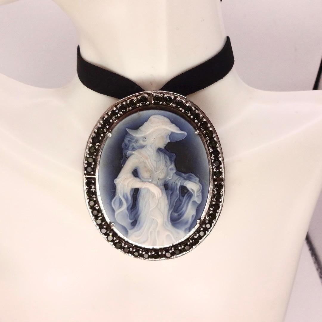 Vintage Moon Goddess Genuine Black Onyx Cameo Gold Sterling Silver Necklace Pin Brooch