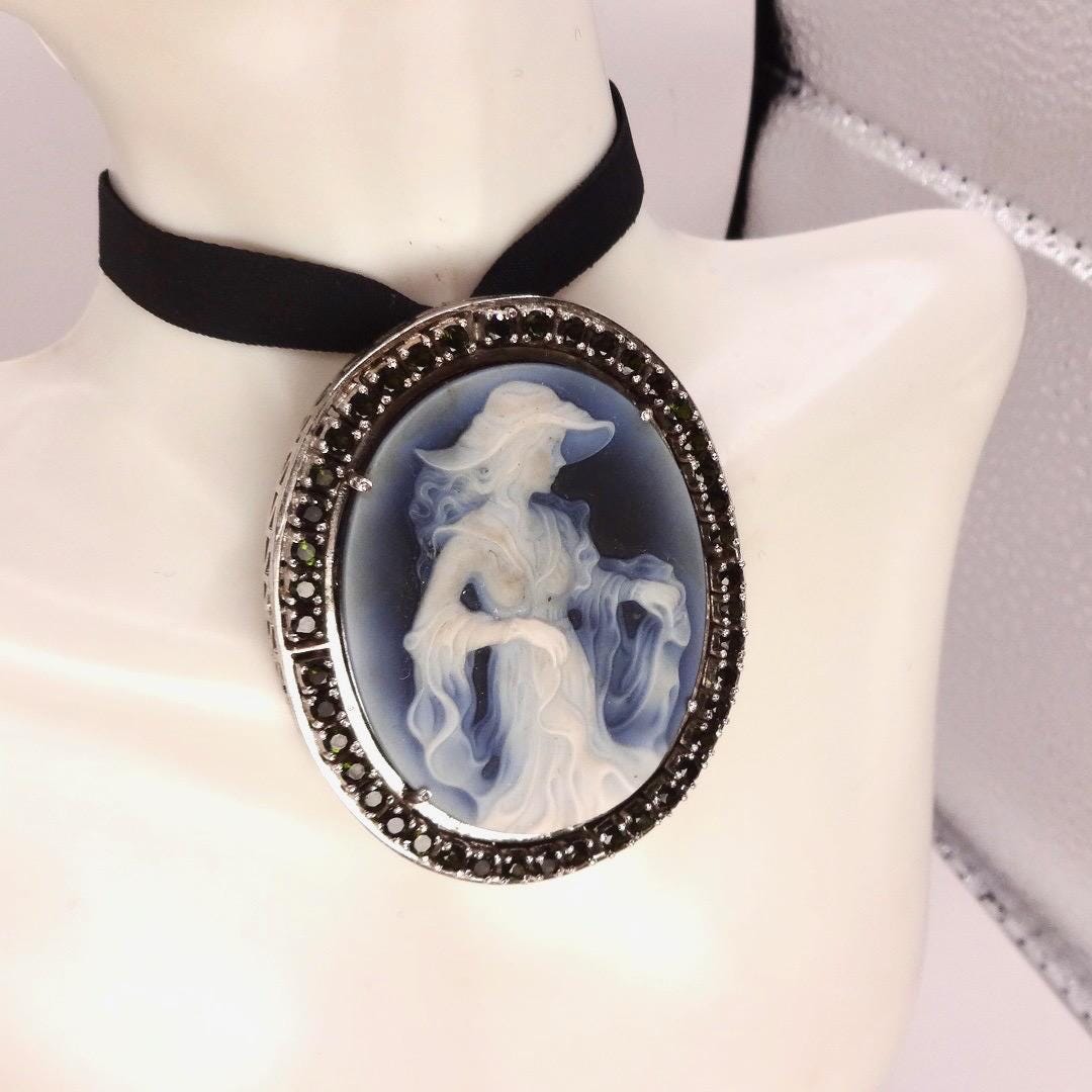 Vintage Moon Goddess Genuine Black Onyx Cameo Gold Sterling Silver Necklace Pin Brooch
