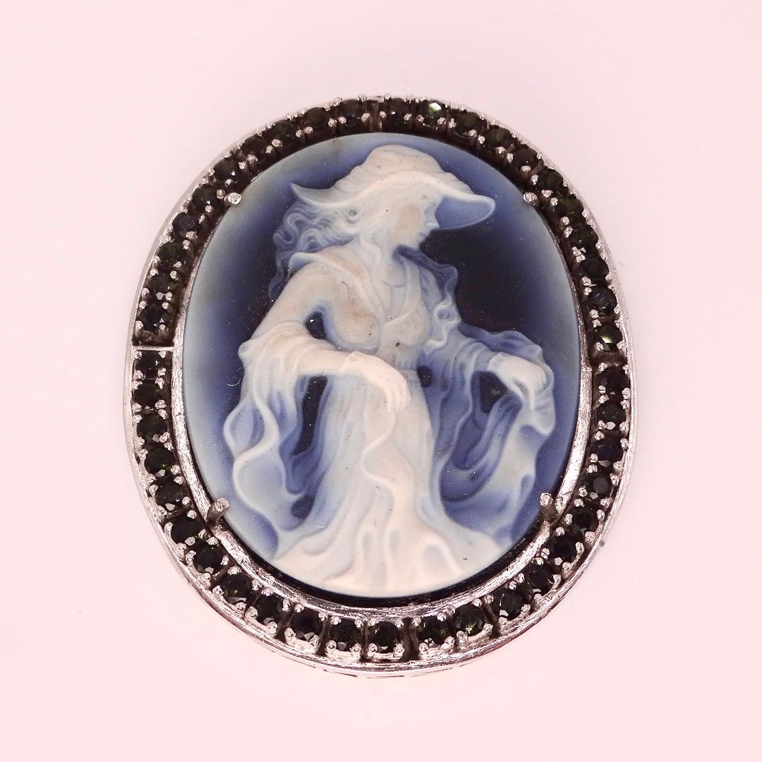 Vintage Moon Goddess Genuine Black Onyx Cameo Gold Sterling Silver Necklace Pin Brooch