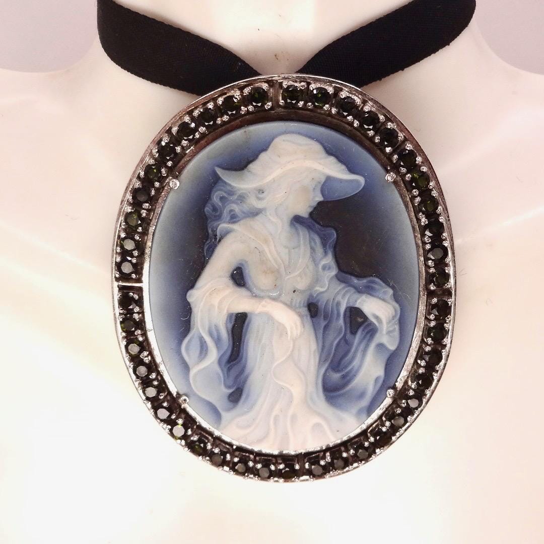 Vintage Moon Goddess Genuine Black Onyx Cameo Gold Sterling Silver Necklace Pin Brooch