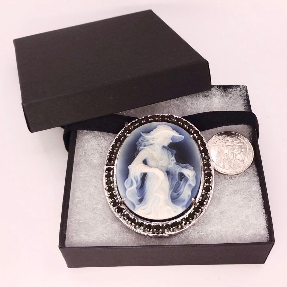 Vintage Moon Goddess Genuine Black Onyx Cameo Gold Sterling Silver Necklace Pin Brooch