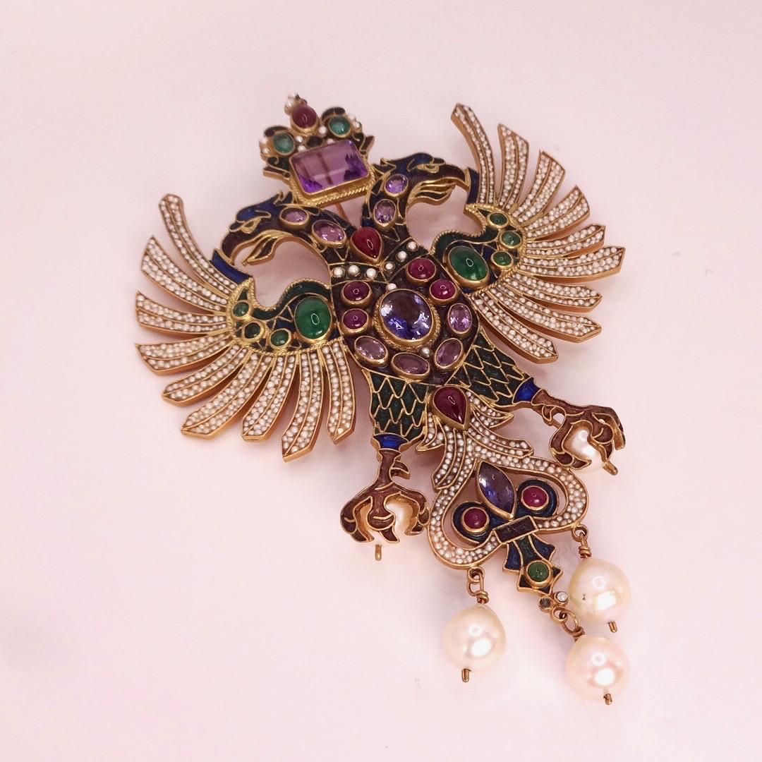 Vintage Garnet Pearl Enamel Austro Hungarian 925 Sterling Silver Brooch/Pendant