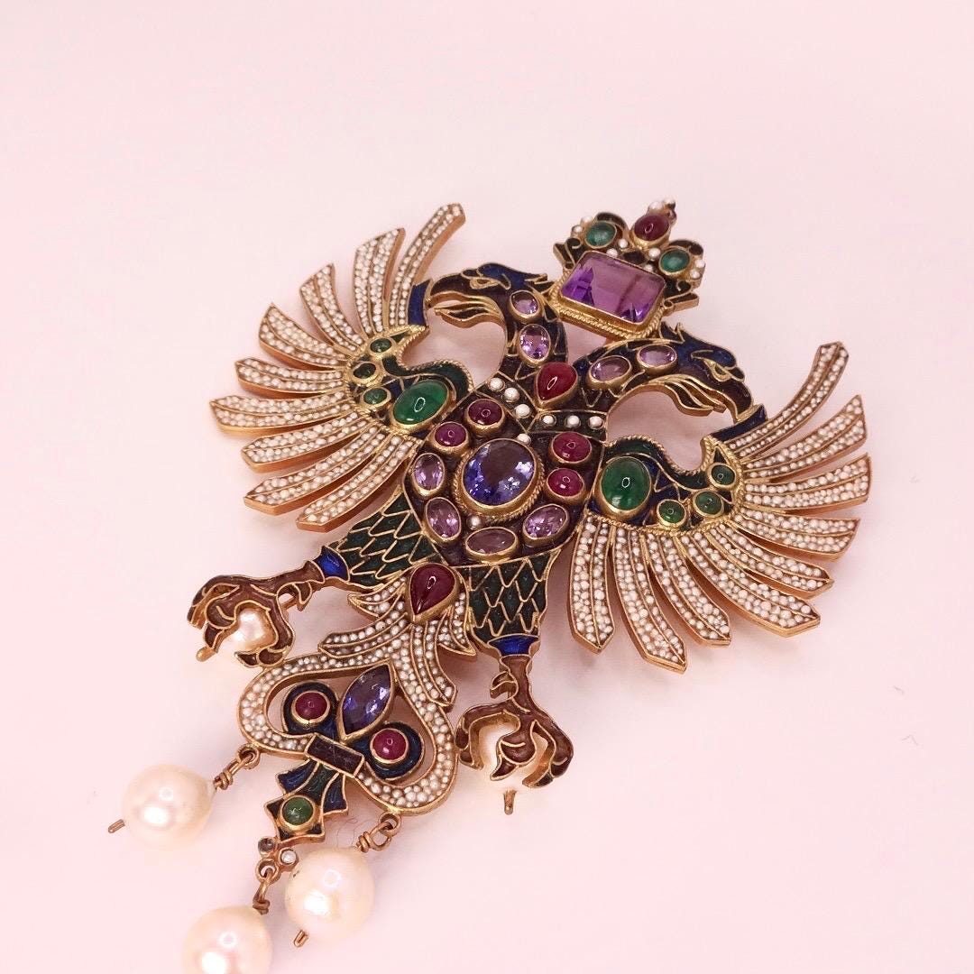 Vintage Garnet Pearl Enamel Austro Hungarian 925 Sterling Silver Brooch/Pendant