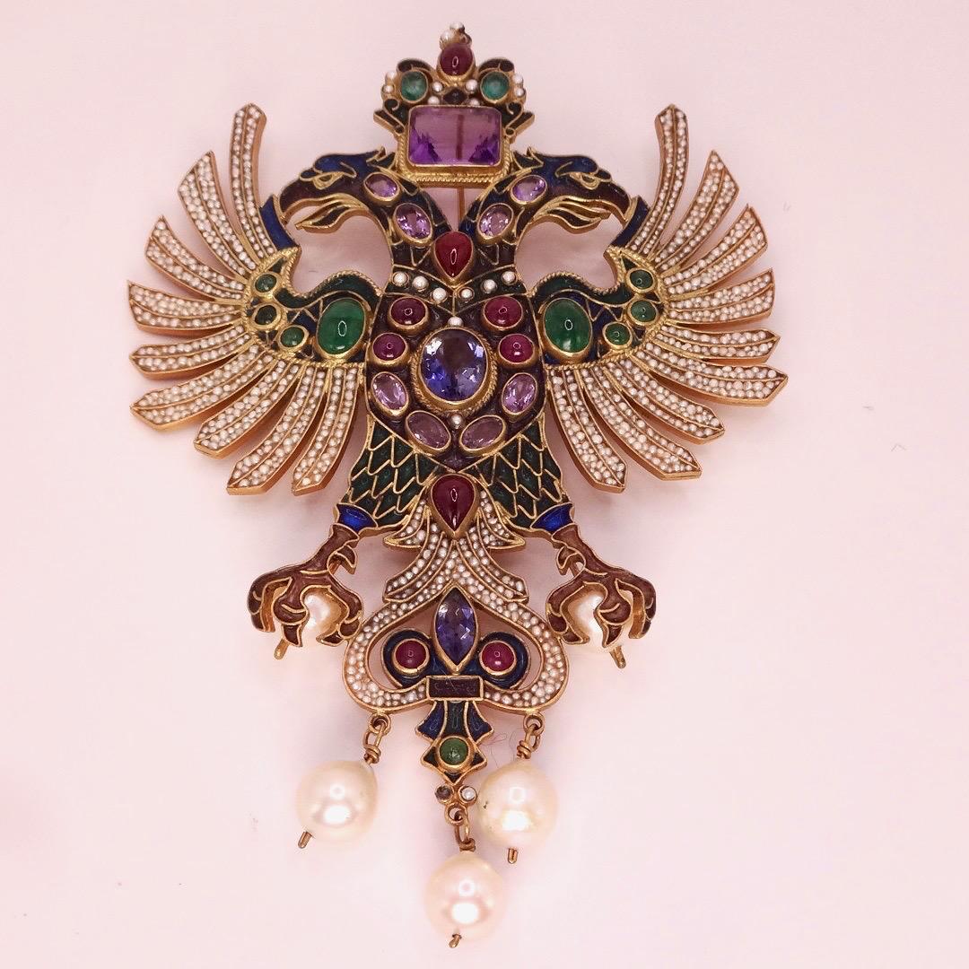 Vintage Garnet Pearl Enamel Austro Hungarian 925 Sterling Silver Brooch/Pendant