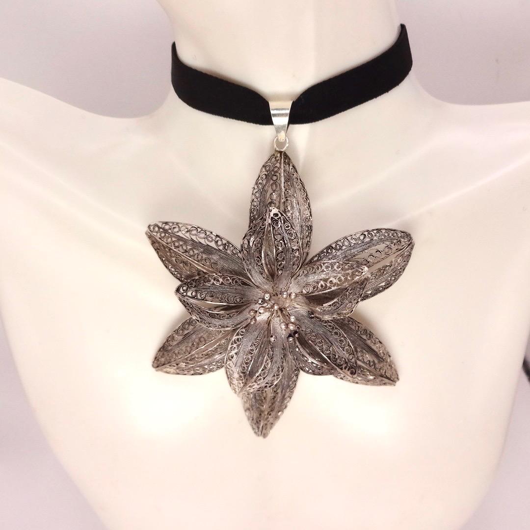 Vintage Huge Filigree Choker 925 Sterling Silver Flower Necklace