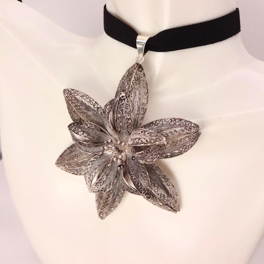 Vintage Huge Filigree Choker 925 Sterling Silver Flower Necklace