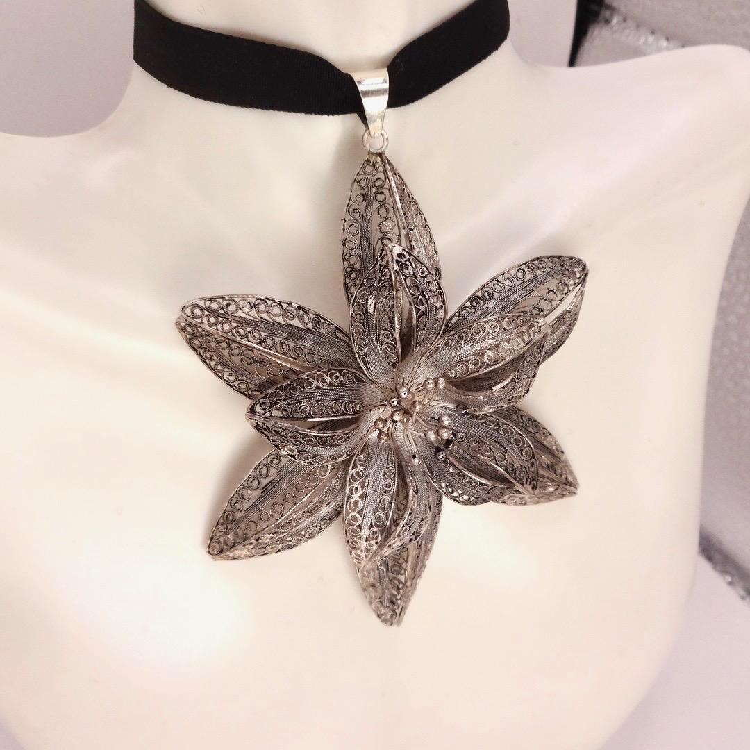 Vintage Huge Filigree Choker 925 Sterling Silver Flower Necklace