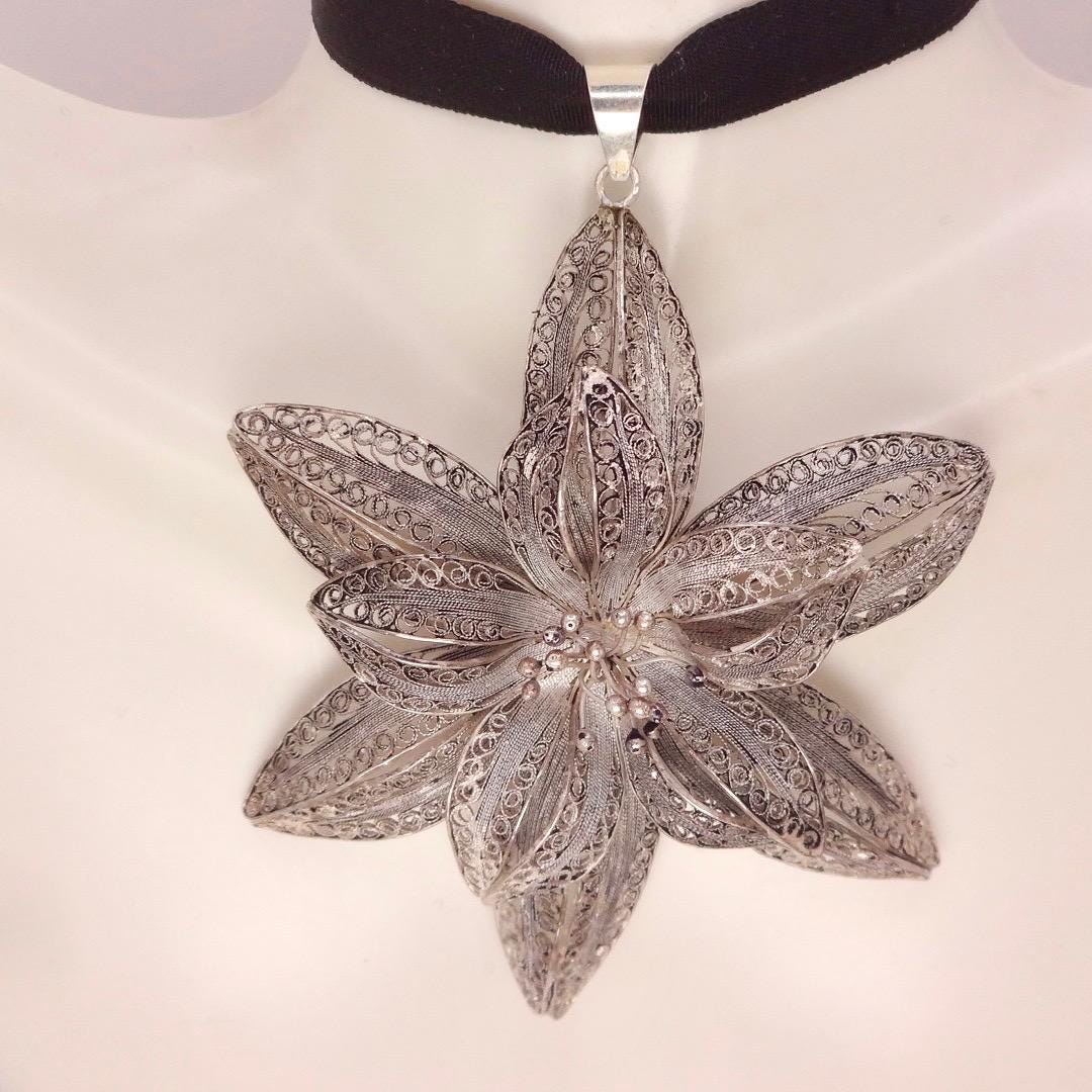 Vintage Huge Filigree Choker 925 Sterling Silver Flower Necklace