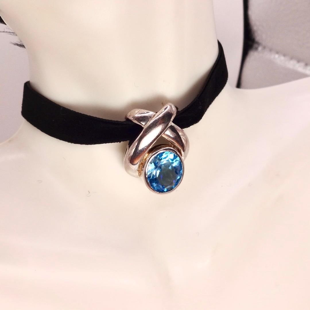Vintage Genuine Blue Topaz 925 Sterling Silver Deco Choker Necklace Pendant