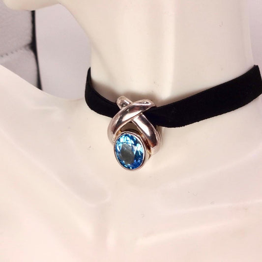 Vintage Genuine Blue Topaz 925 Sterling Silver Deco Choker Necklace Pendant