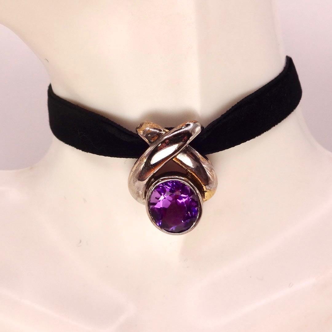 Vintage Purple Amethyst Choker 925 Sterling Silver Pendant Necklace