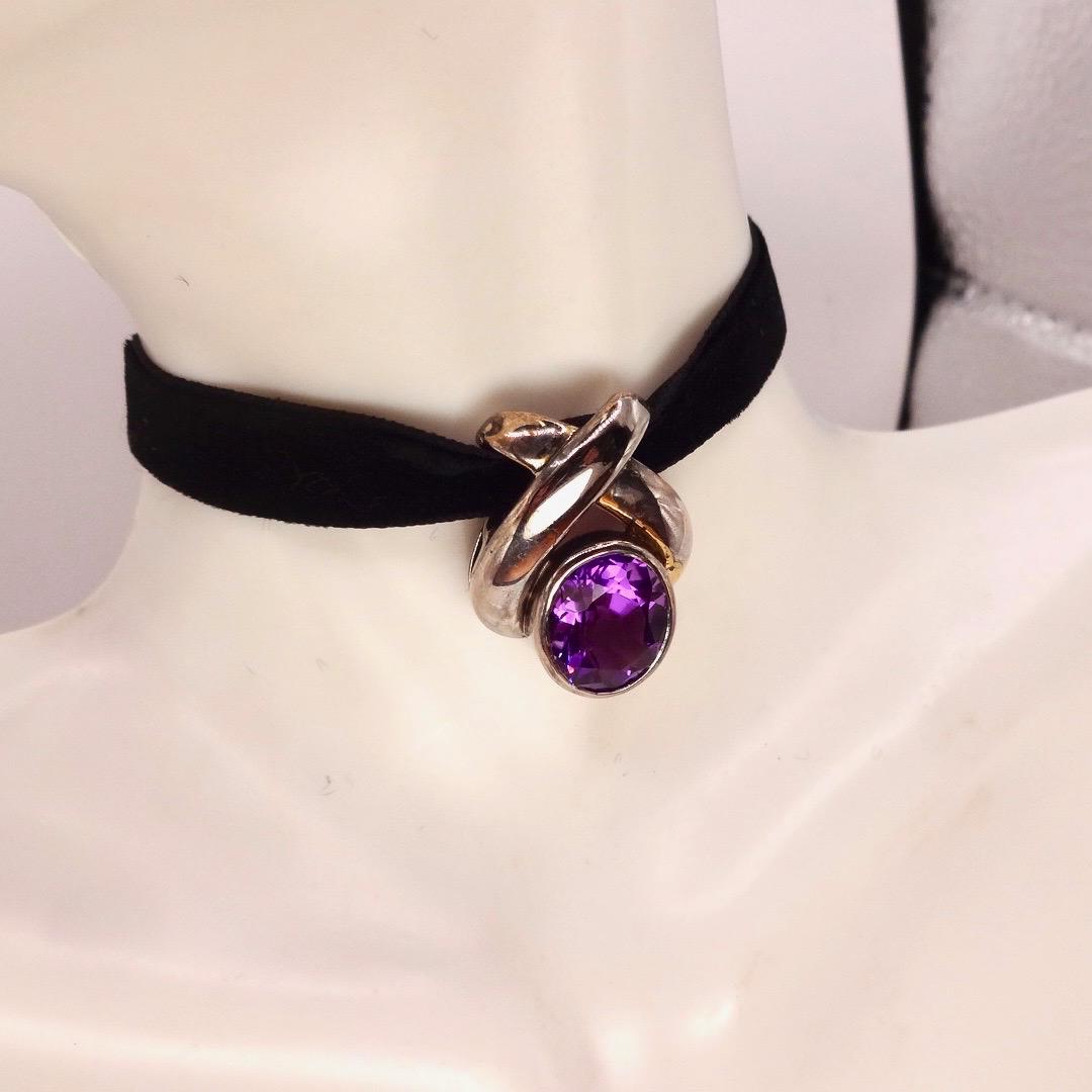 Vintage Purple Amethyst Choker 925 Sterling Silver Pendant Necklace