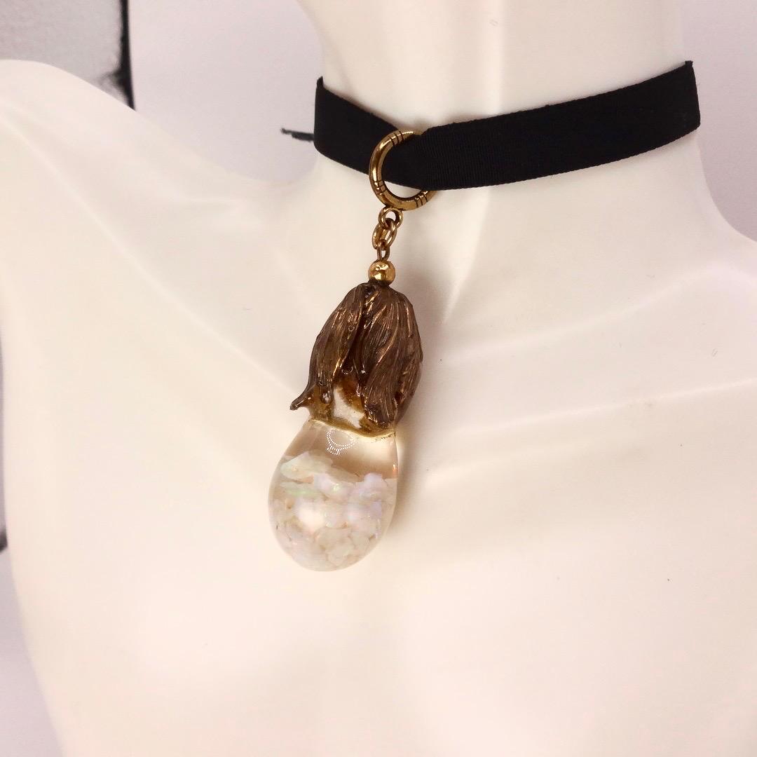 Vintage White Floating Opal Choker Pendant Necklace Black Choker