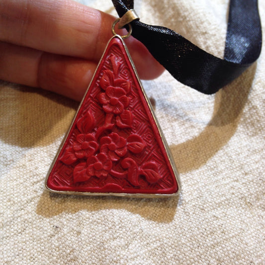 Vintage Handmade Carved Cinnabar Lacquer Silver Pendant