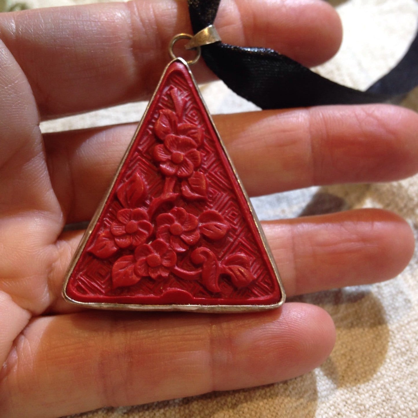 Vintage Handmade Carved Cinnabar Lacquer Silver Pendant