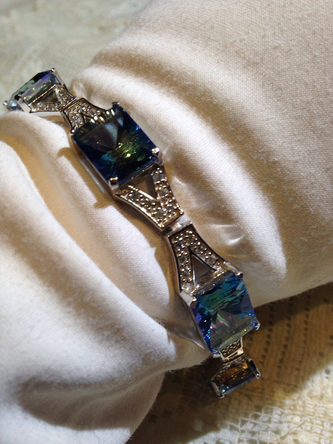 Vintage Mystic Blue Topaz Deco White Sapphire 925 Sterling Silver Bracelet
