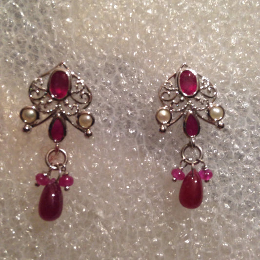 Vintage 925 Sterling Silver Deep Pink Ruby Earrings