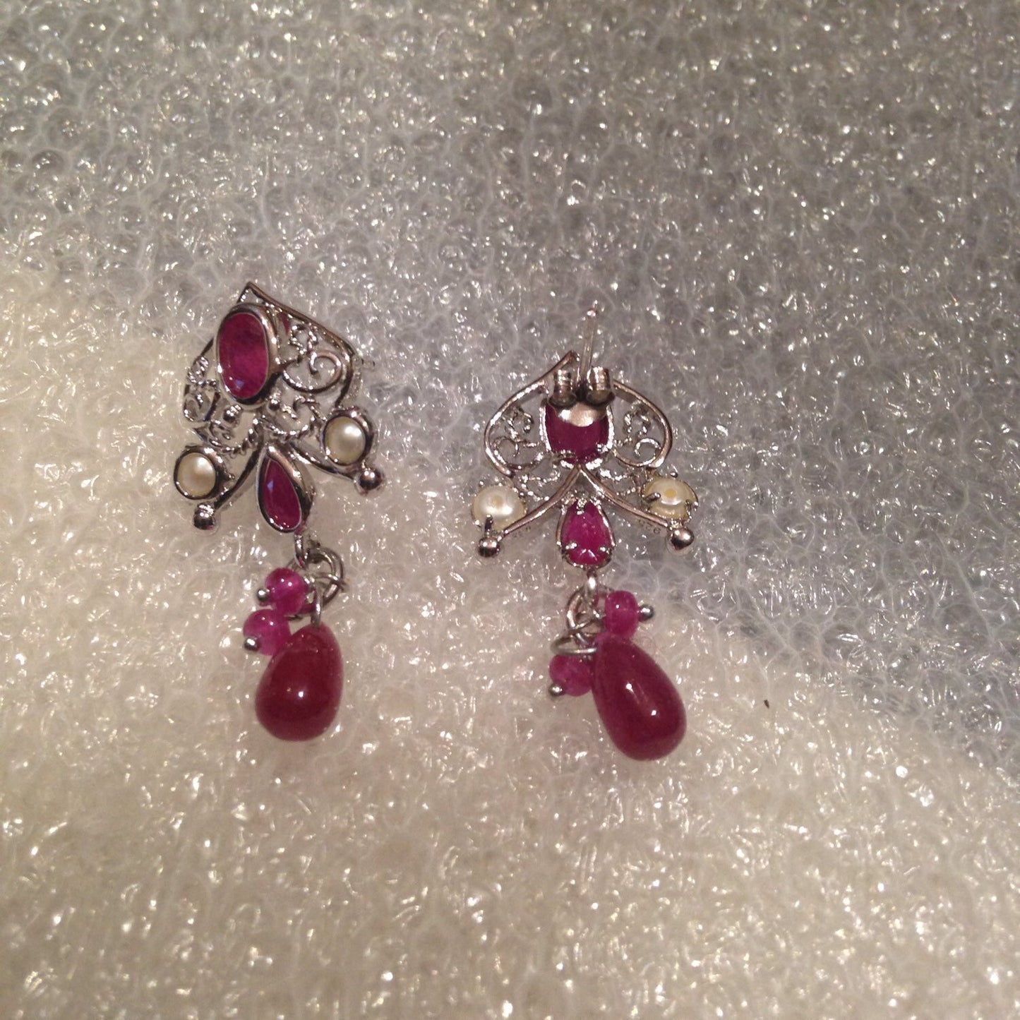 Vintage 925 Sterling Silver Deep Pink Ruby Earrings