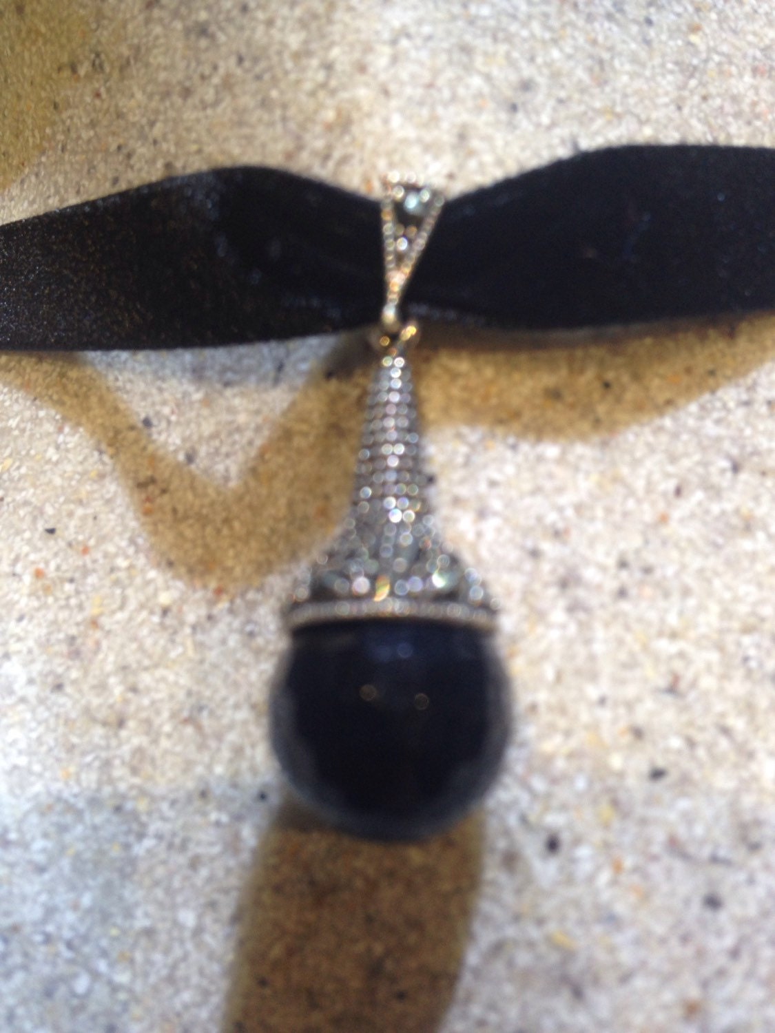 Vintage Turkish Ottoman 925 Sterling Silver Genuine Marcasite Black jet Choker Pendant