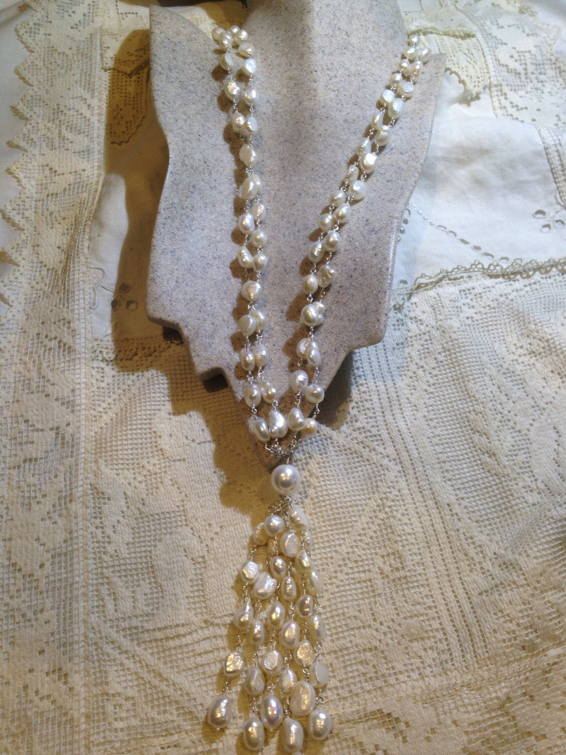 Vintage Hand Wrapped Genuine White Pearl tassel Necklace