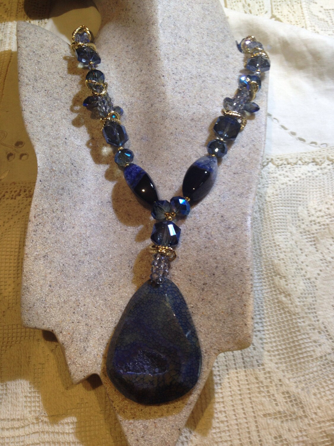 Handmade Blue Quartz druze and Crystal Y Necklace