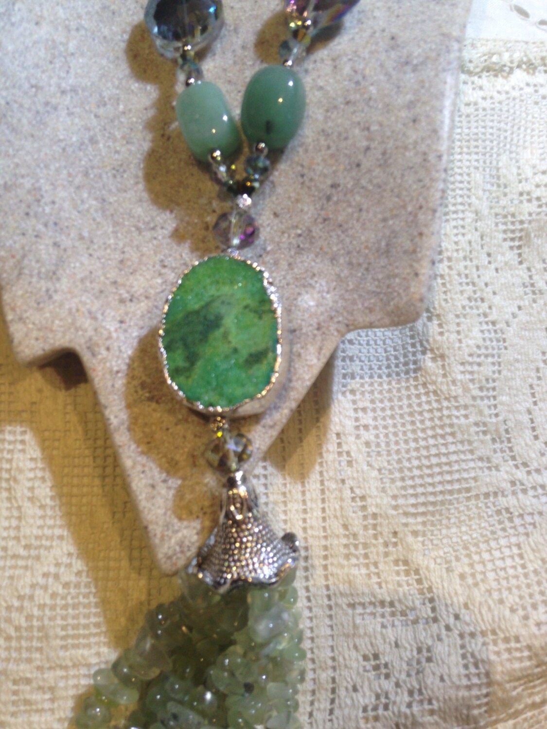 Handmade Green druze Quartz and Aventurine Crystal Necklace