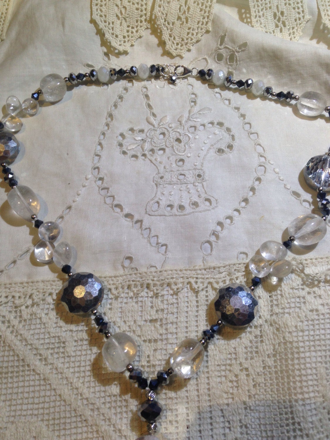 Handmade White druze Quartz and Crystal tassel Necklace