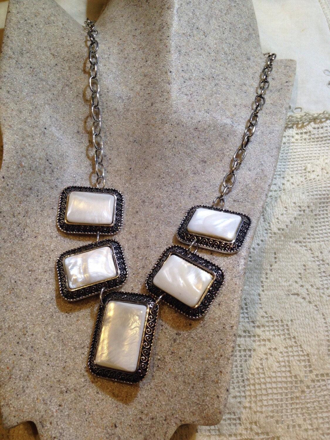 Vintage Genuine Mother of Pearl Silver finished Necklace
