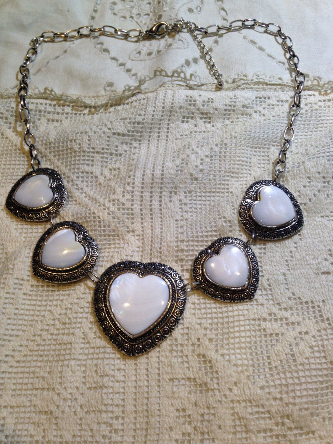 Vintage White Genuine Mother of Pearl Silver Finished Heart Necklace