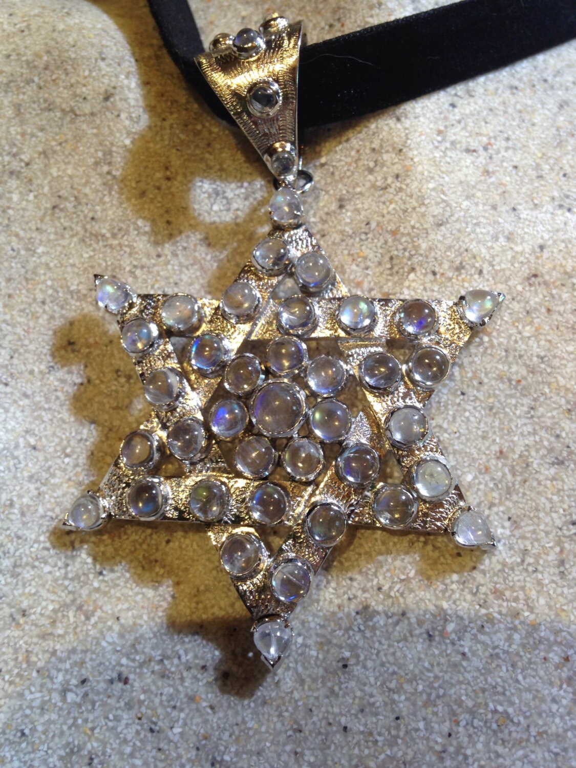 Vintage Handmade Sterling Silver Rainbow Moonstone Star of David Pendant Necklace