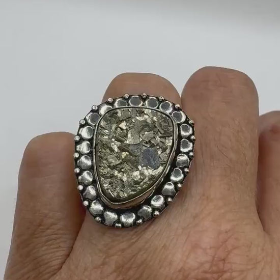 Vintage Gold Pyrite Silver Cocktail Ring Size 7