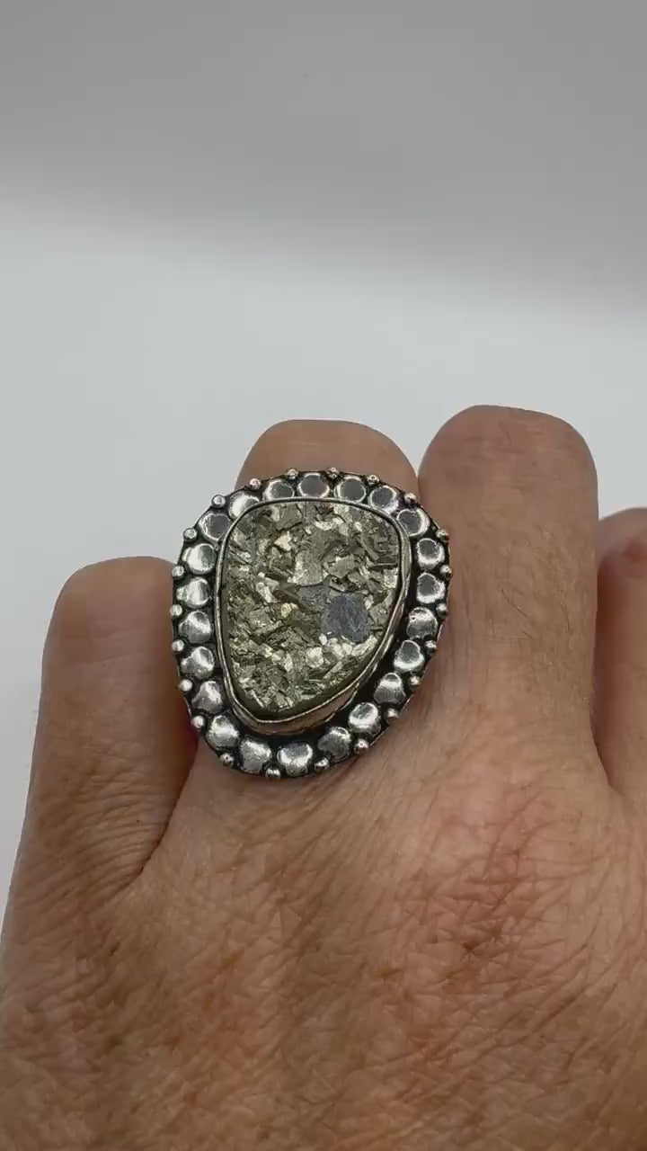 Vintage Gold Pyrite Silver Cocktail Ring Size 7