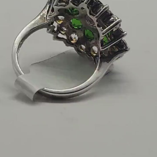 Vintage Green Chrome Diopside Cocktail Ring with White Topaz set in 925 Sterling Silver