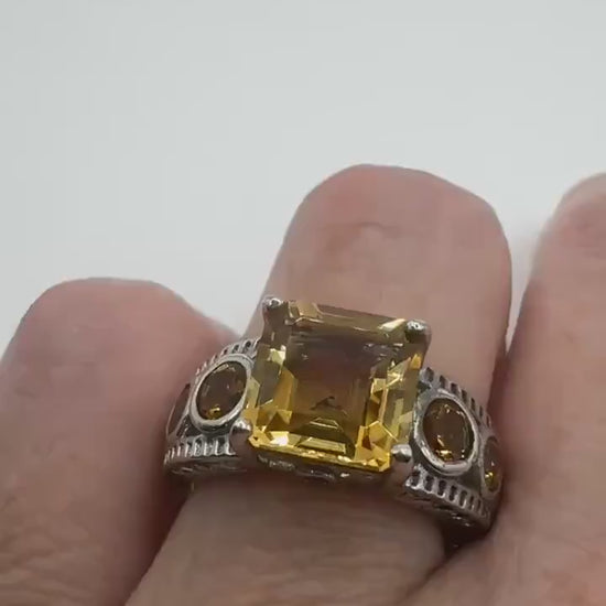 Vintage Gothic Golden Citrine Flower 925 Sterling Silver Ring