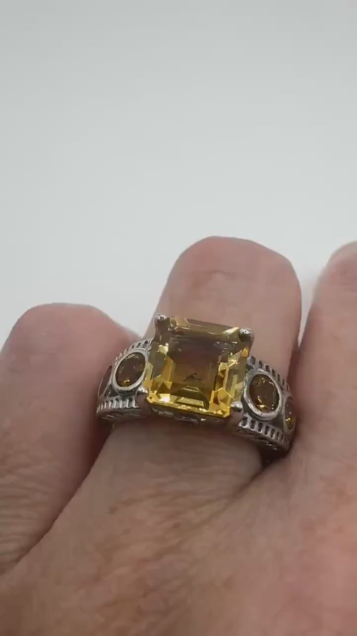 Vintage Gothic Golden Citrine Flower 925 Sterling Silver Ring