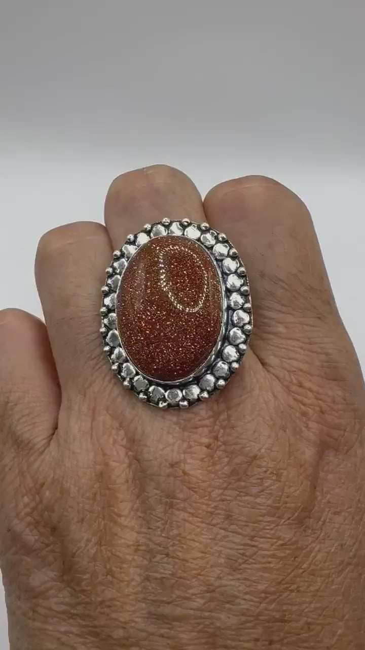 Vintage Handmade Boho Statement Golden Sandstone Silver Ring 9