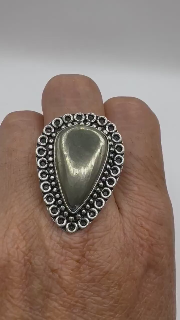 Vintage Golden Pyrite Silver Cocktail Ring Size 9