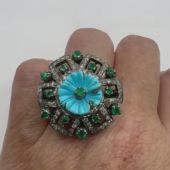 Vintage Turquoise Emerald Campaign Diamond Cocktail Ring 925 Sterling Silver Size 7