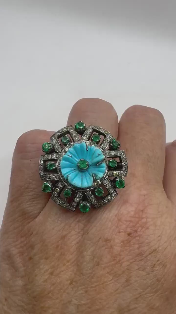 Vintage Turquoise Emerald Campaign Diamond Cocktail Ring 925 Sterling Silver Size 7
