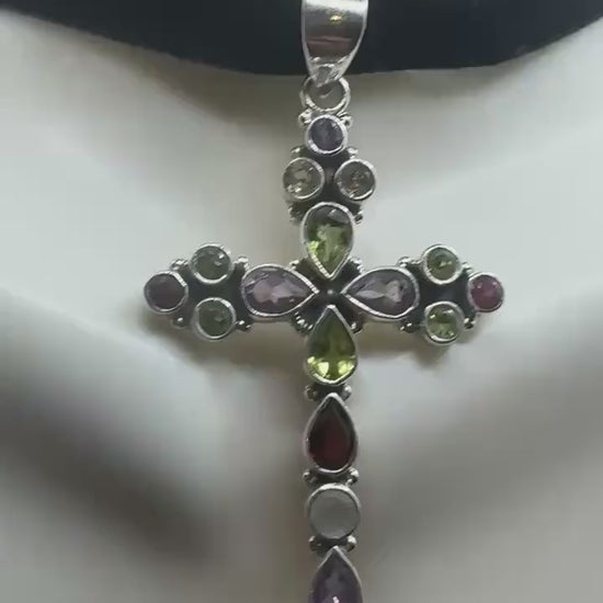Vintage mixed gemstone cross 925 Sterling Silver Necklace Black Velvet Choker