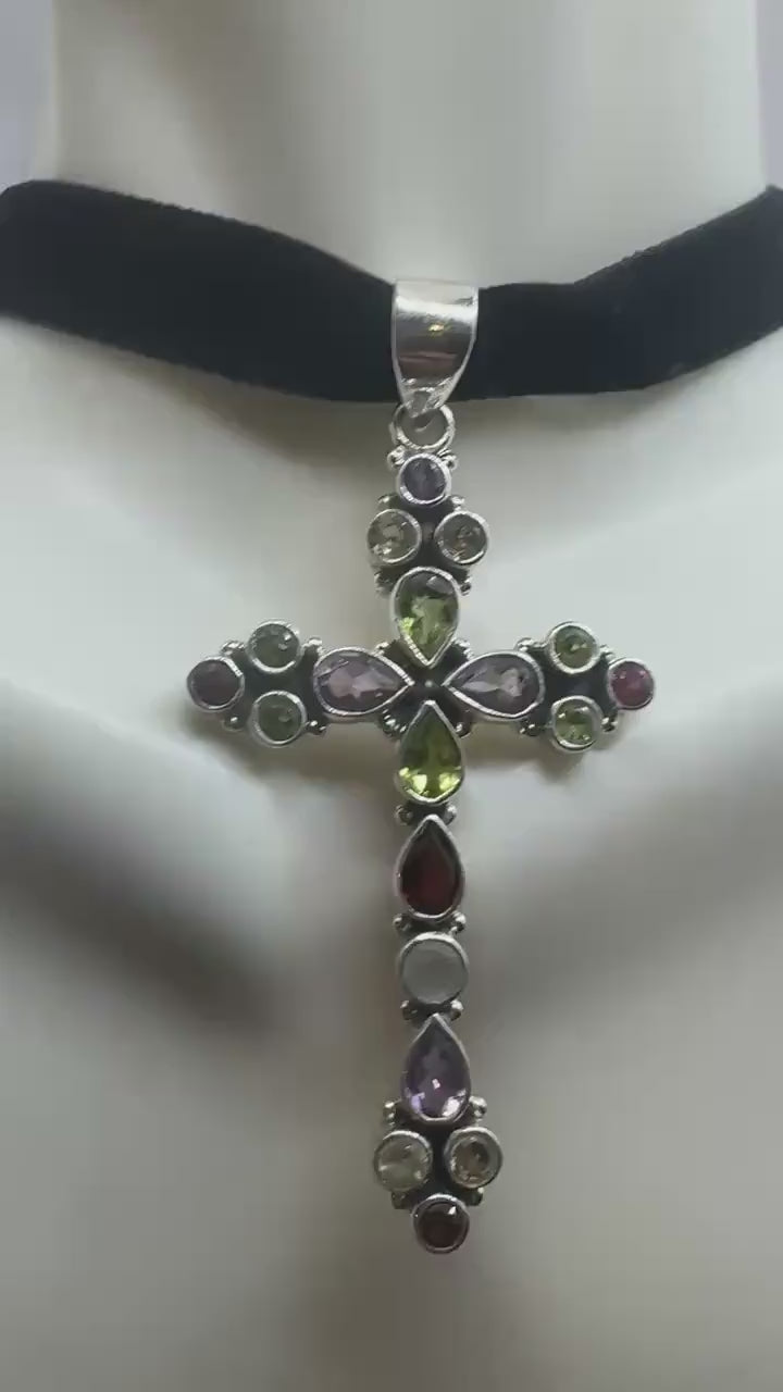 Vintage mixed gemstone cross 925 Sterling Silver Necklace Black Velvet Choker