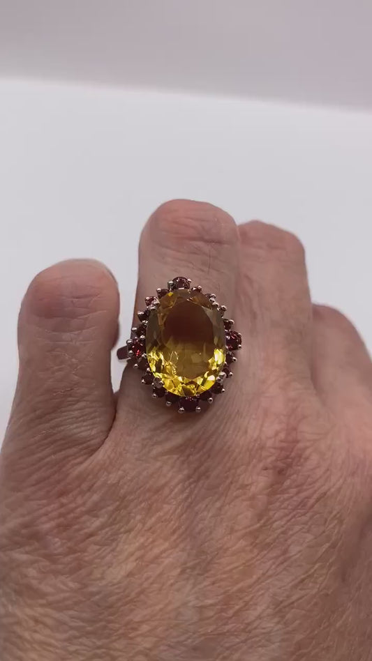 Vintage Citrine and Red Garnet 925 Sterling Silver Cocktail Ring