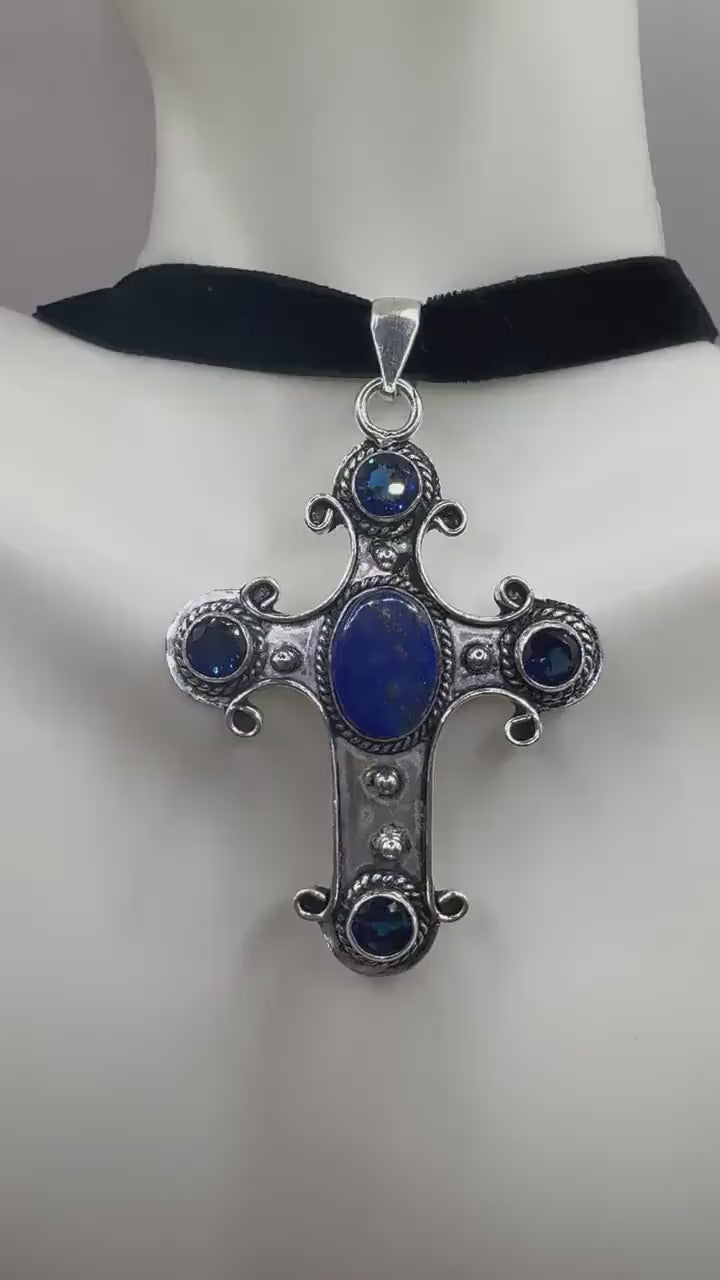 Vintage Lapis Colbolt Blue Glass Cross Black Velvet Choker Necklace