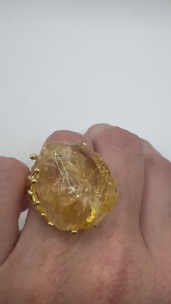 Vintage Clear Citrine Quartz Cocktail Ring Adjustable