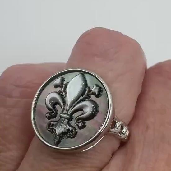 Vintage Fluer de Les Abalone Cameo 925 Sterling Silver Ring