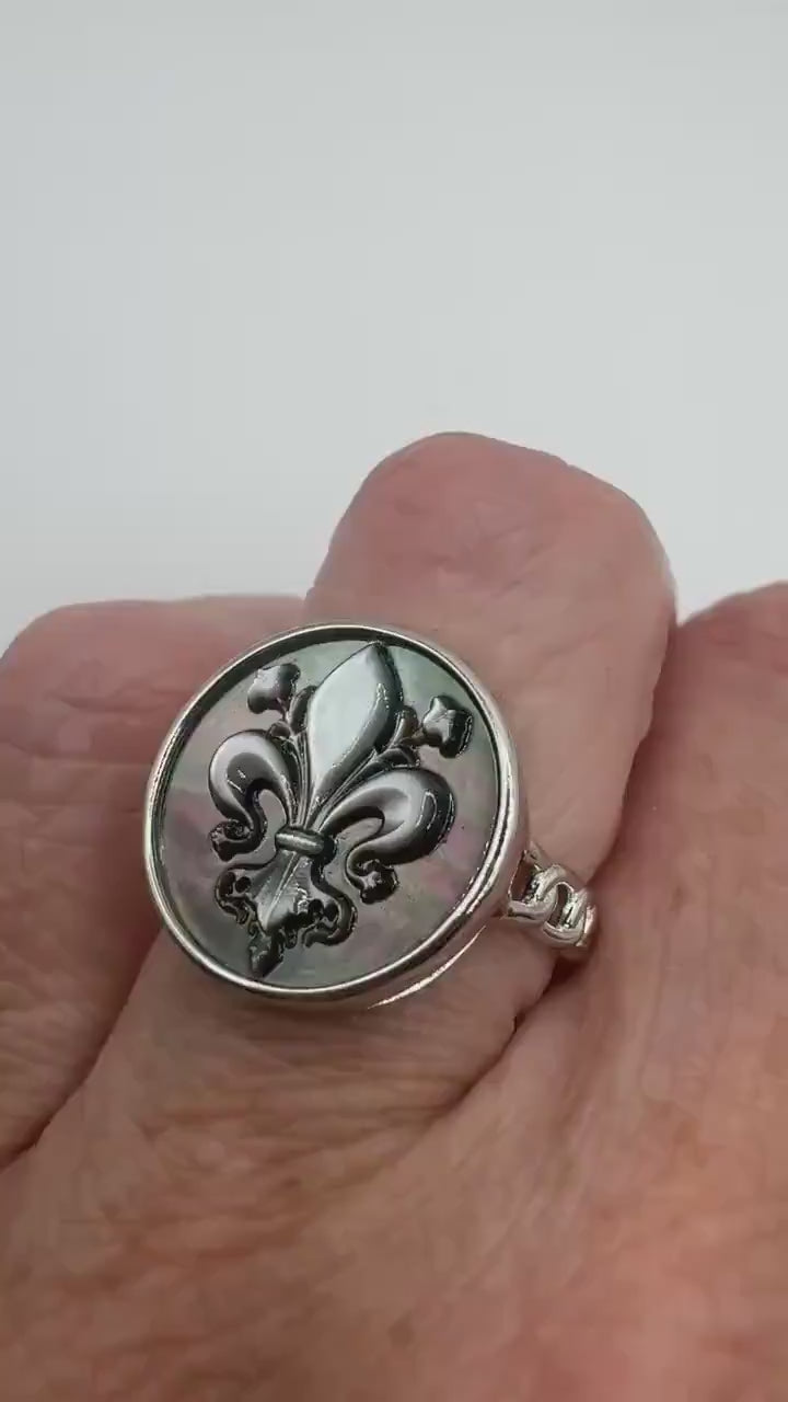 Vintage Fluer de Les Abalone Cameo 925 Sterling Silver Ring
