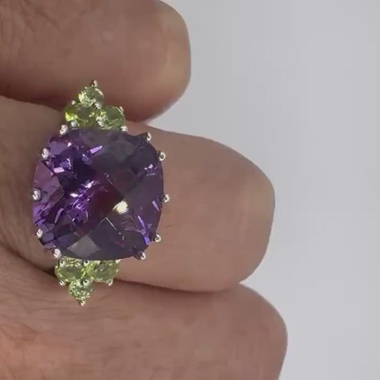 Vintage Purple Amethyst Peridot Cocktail Ring Deco 925 Sterling Silver