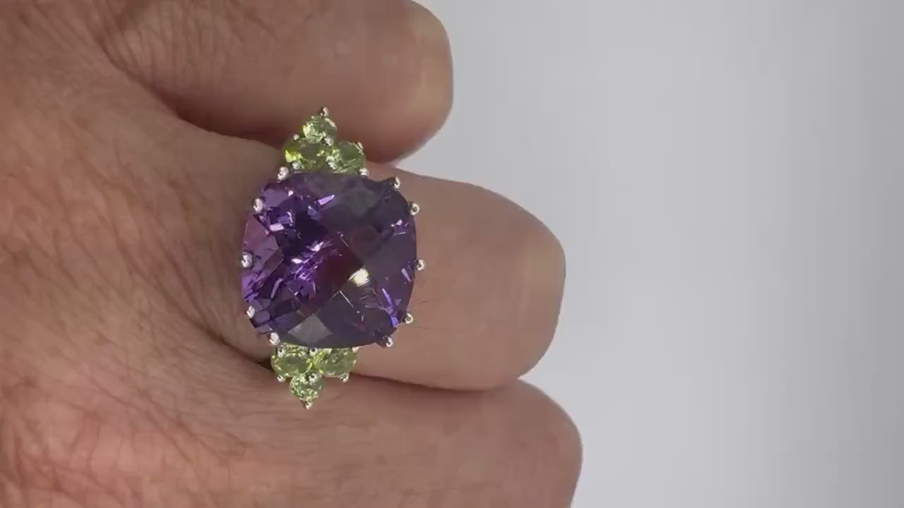 Vintage Purple Amethyst Peridot Cocktail Ring Deco 925 Sterling Silver