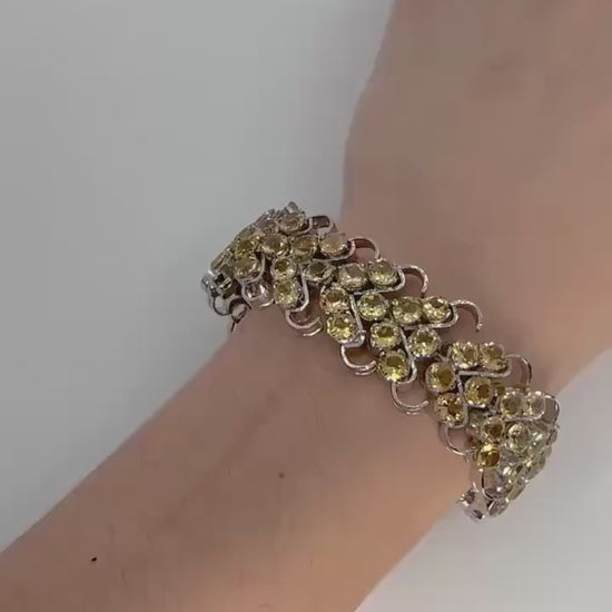 Vintage Golden Citrine Statement Bracelet Deco 925 Sterling Silver Chunky Tennis